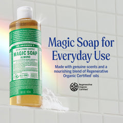 Dr. Bronner's Almond Castile ingredients display organic oils and fair trade sourcing for a gentle wash.