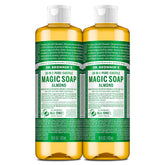Dr. Bronner's Almond Castile soap bottle shows versatile all-in-one cleaning use.