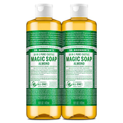 Dr. Bronner's Almond Castile soap bottle shows versatile all-in-one cleaning use.