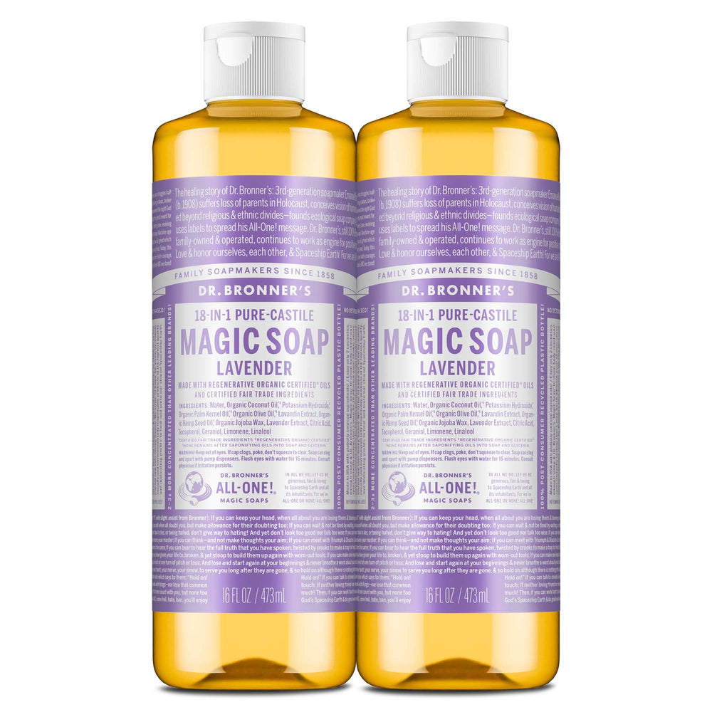 Dr. Bronner’s Lavender Castile bottle showing gentle cleansing for skin and hair.