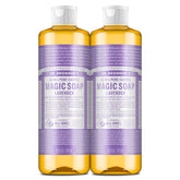 Dr. Bronner’s Lavender Castile bottle showing gentle cleansing for skin and hair.