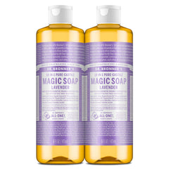Dr. Bronner’s Lavender Castile bottle showing gentle cleansing for skin and hair.