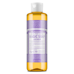 Dr. Bronner's Lavender liquid soap bottle displaying rich lather for skin care.