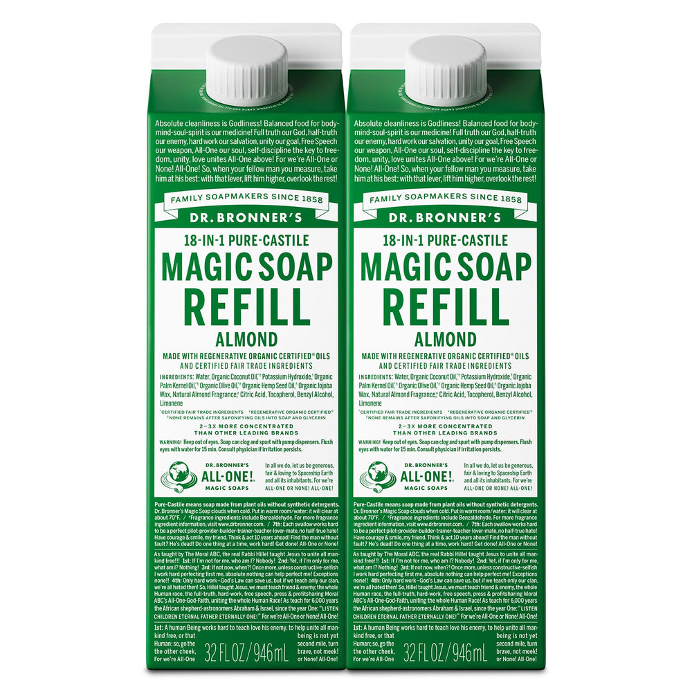 Dr. Bronner's almond refill carton with eco-friendly packaging for sustainable refills.