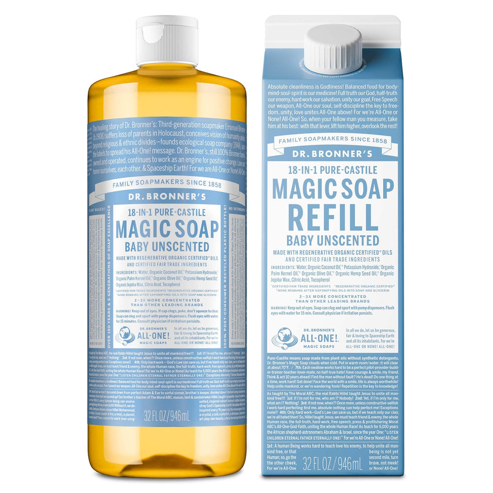 Dr. Bronner's Pure-Castile soap bottle showing rich lather for refreshing skin.