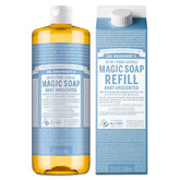 Dr. Bronner's Pure-Castile soap bottle showing rich lather for refreshing skin.