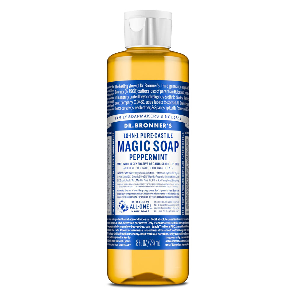 Dr. Bronner's peppermint Pure-Castile bottle ready for versatile cleansing