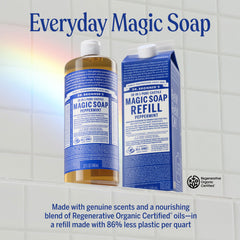 Refill carton of Dr. Bronner's Peppermint soap promotes easy, eco-friendly refills