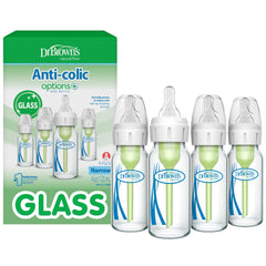 Dr. Brown's Anti-Colic Options+ glass bottle with vent system reduces spit-up risk