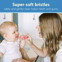 Dr. Brown's pink toothbrush with elephant ears helps set it down safely.