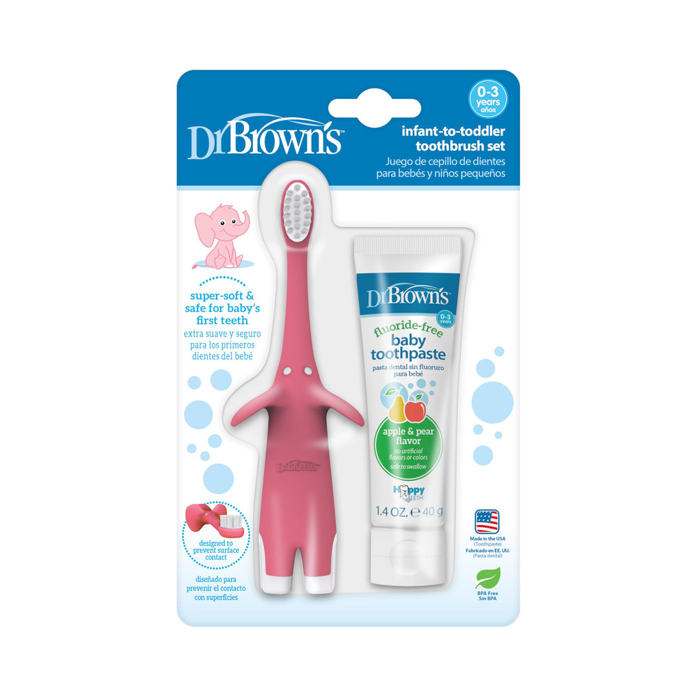 Dr. Brown's infant toothbrush pink packaging, ideal for introducing babies to daily brushing.