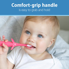 Soft-grip handle on Dr. Brown's pink toothbrush fits tiny hands.