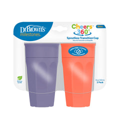 Dr. Brown's Milestones Cheers 360 spoutless cup in coral demonstrates spill-free learning for toddlers.
