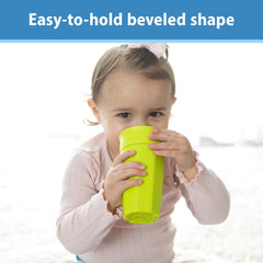 Pink Milestones Cheers 360 cup held by child for easy identification