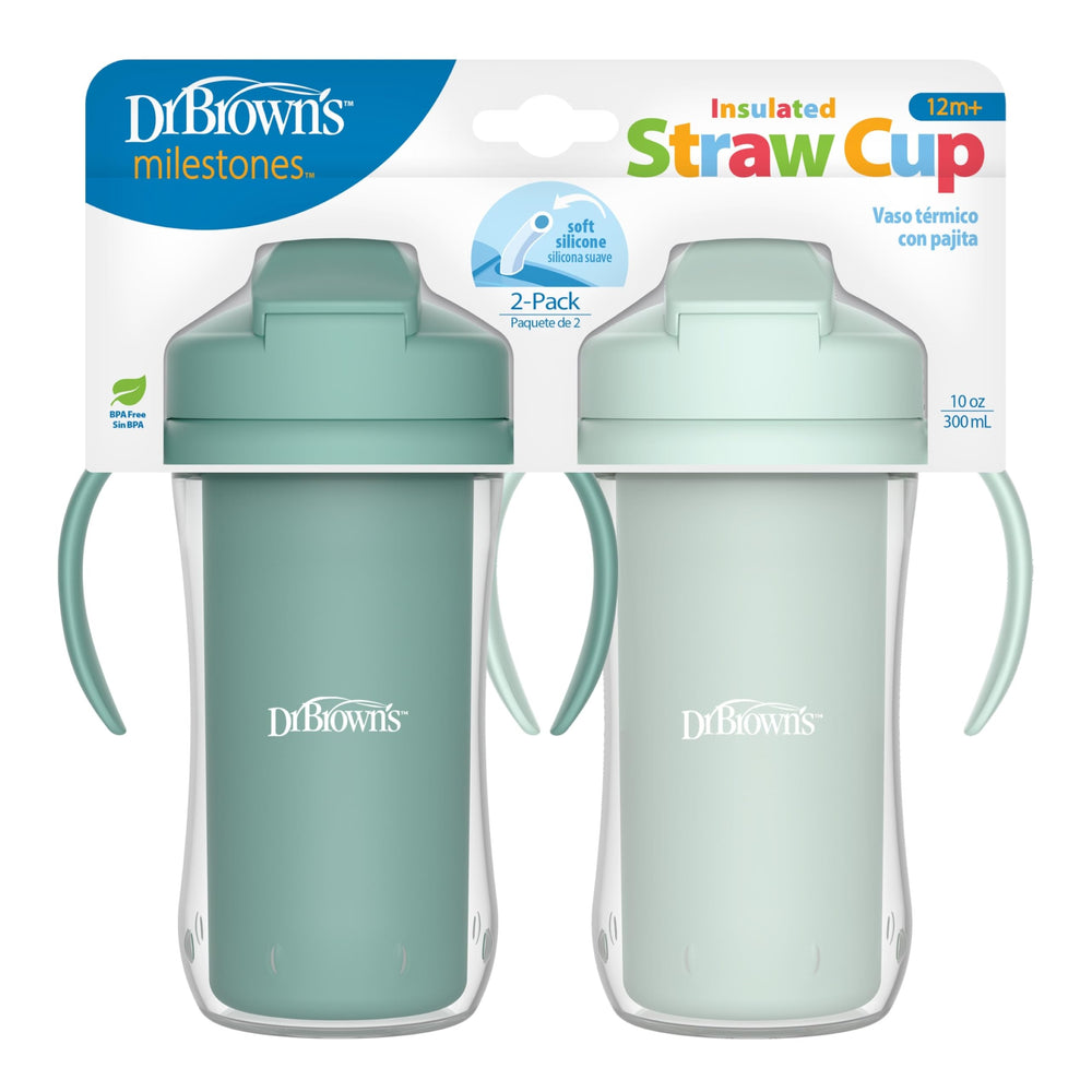 Dr. Brown's Milestones insulated straw cup with sliding lid keeps drinks cool and clean on the go.