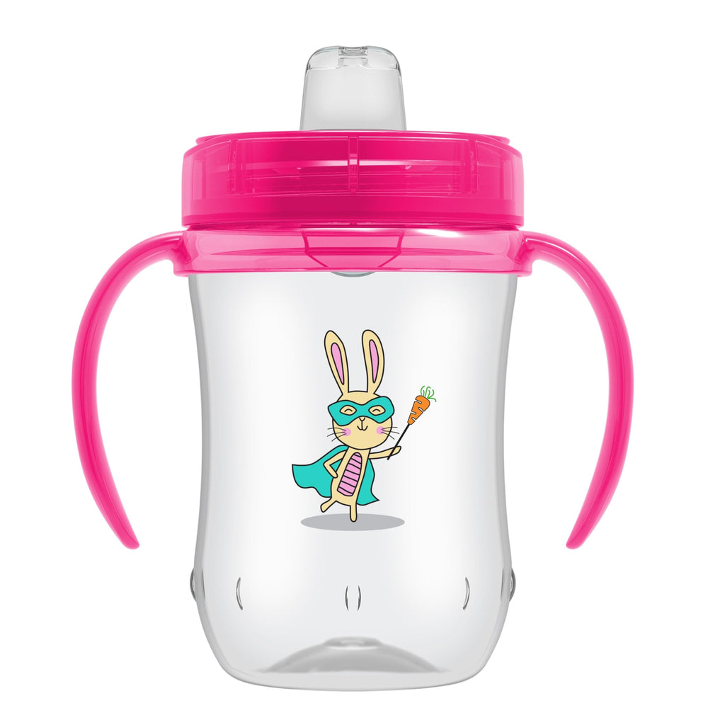 Dr. Brown's Milestones soft spout cup with pink bunny design for spill-free learning.