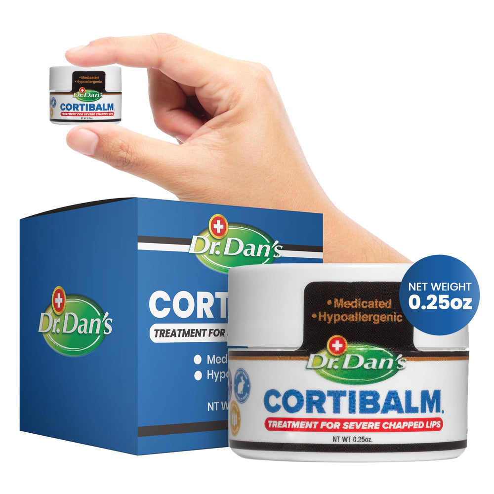 Dr. Dan's Cortibalm jar close-up for dry lips.