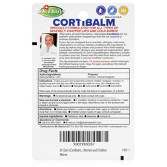 Dr. Dan's Cortibalm tube close-up highlighting hypoallergenic formula for sensitive lips.