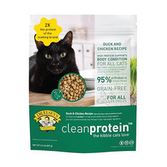 Dr. Elsey's Cleanprotein Duck Kibble label closeup emphasizing grain-free and gluten-free formula.