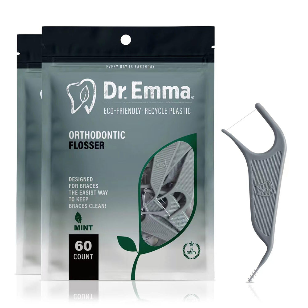 Dr. Emma orthodontic flossers mint flavor in a gray box for braces cleaning