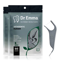 Dr. Emma orthodontic flossers mint flavor in a gray box for braces cleaning
