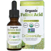 Dr. Green Mom folinic acid drops bottle shows organic formula for daily wellness.
