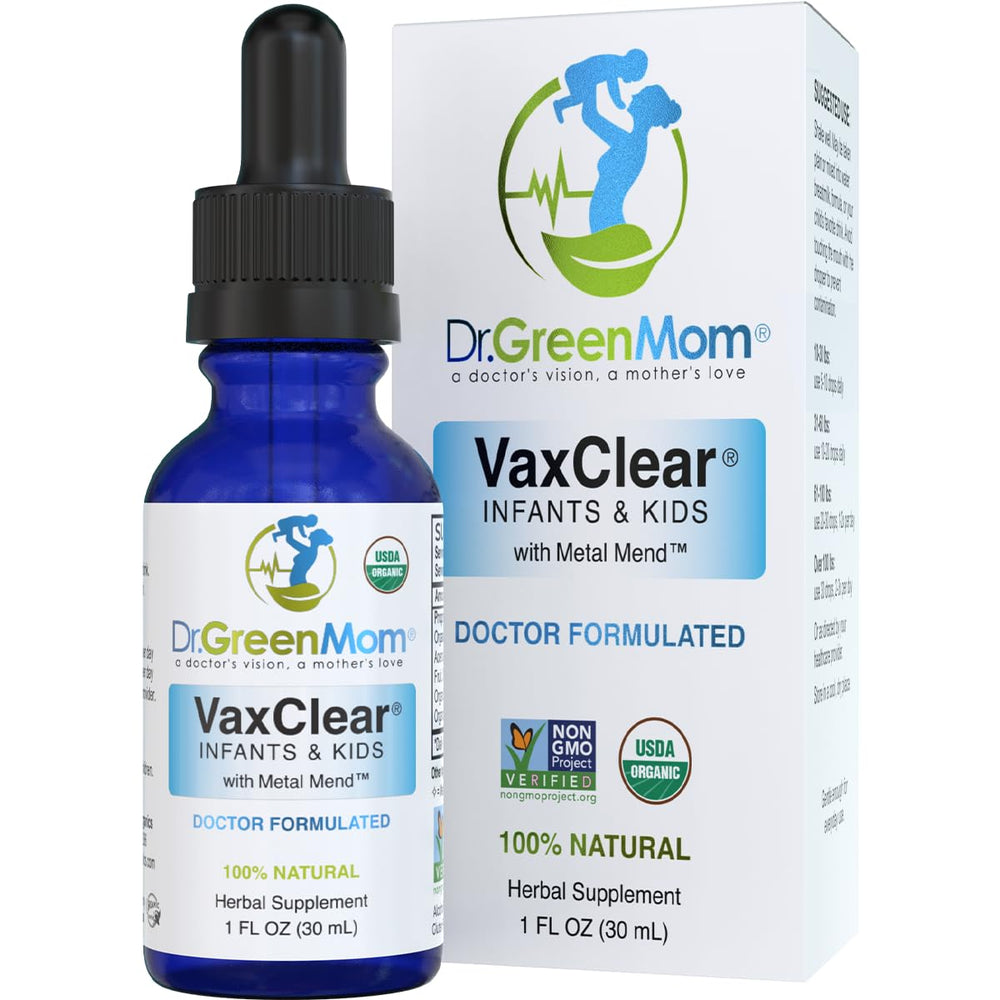 Dr. Green Mom VaxClear bottle-front shows organic certification and gentle toxin support for kids.