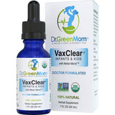 Dr. Green Mom VaxClear bottle-front shows organic certification and gentle toxin support for kids.
