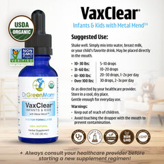 Dr. Green Mom VaxClear child-using-drops shows easy administration in drinks for kids.