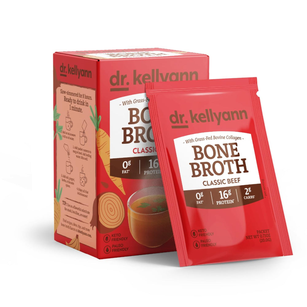 Dr. Kellyann beef bone broth packets ready to serve for a protein-rich snack.