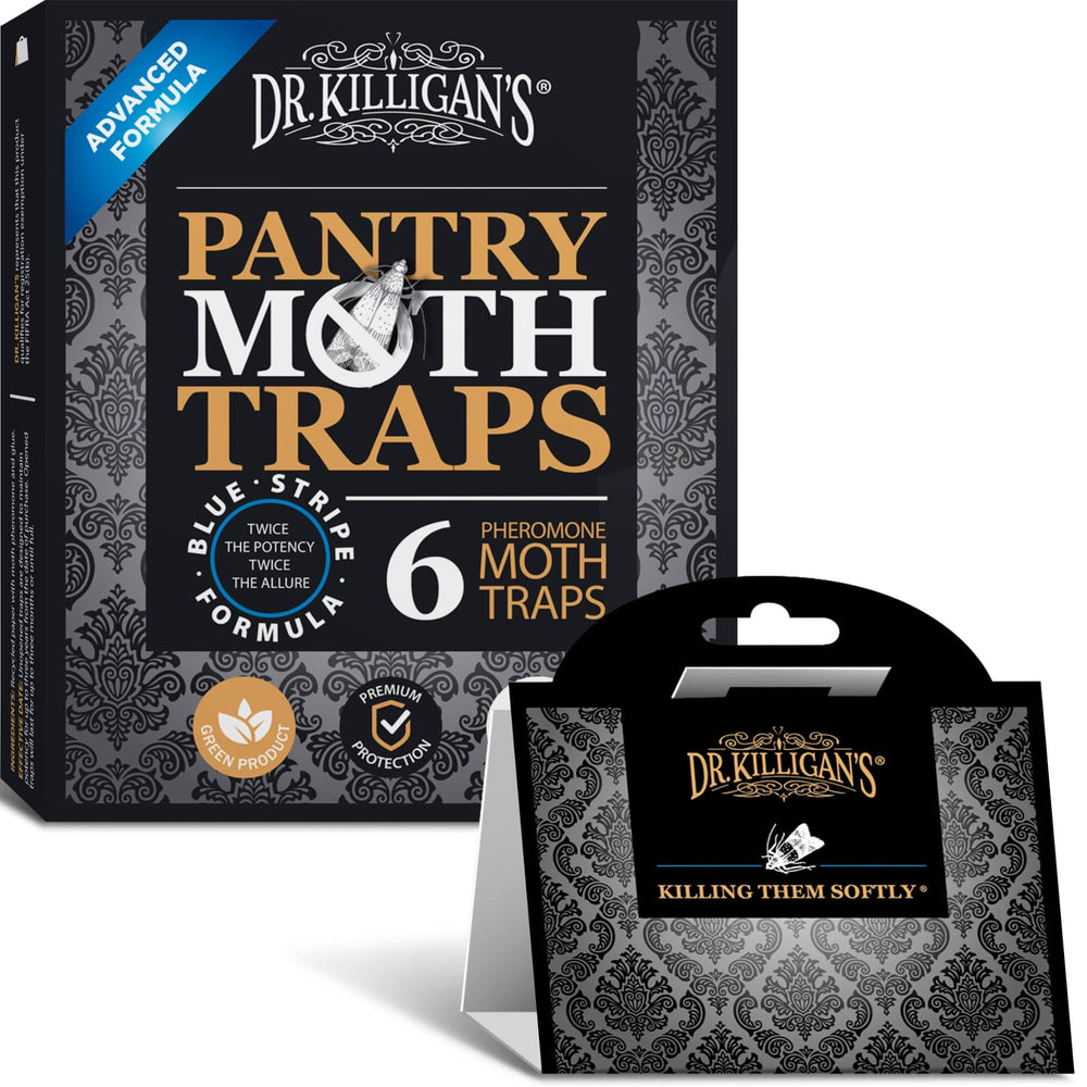 Dr. Killigan's Premium Double Potent Moth Traps packaging for easy pantry setup and protection