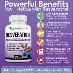 DR. MARTIN'S NUTRITION trans-resveratrol capsules closeup highlighting capsule texture and potency.