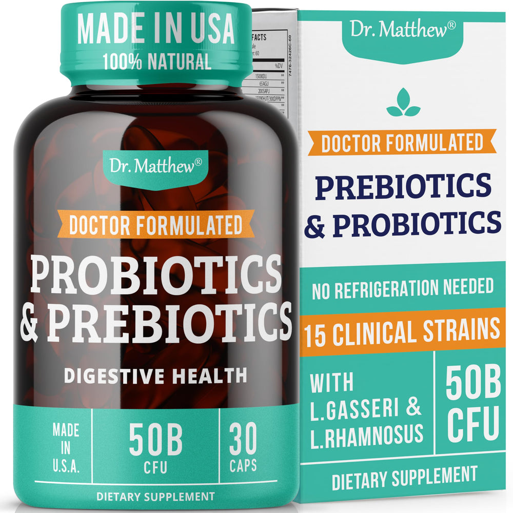 Dr. Matthew prebiotics-probiotics 50billion bottle supports gut balance.