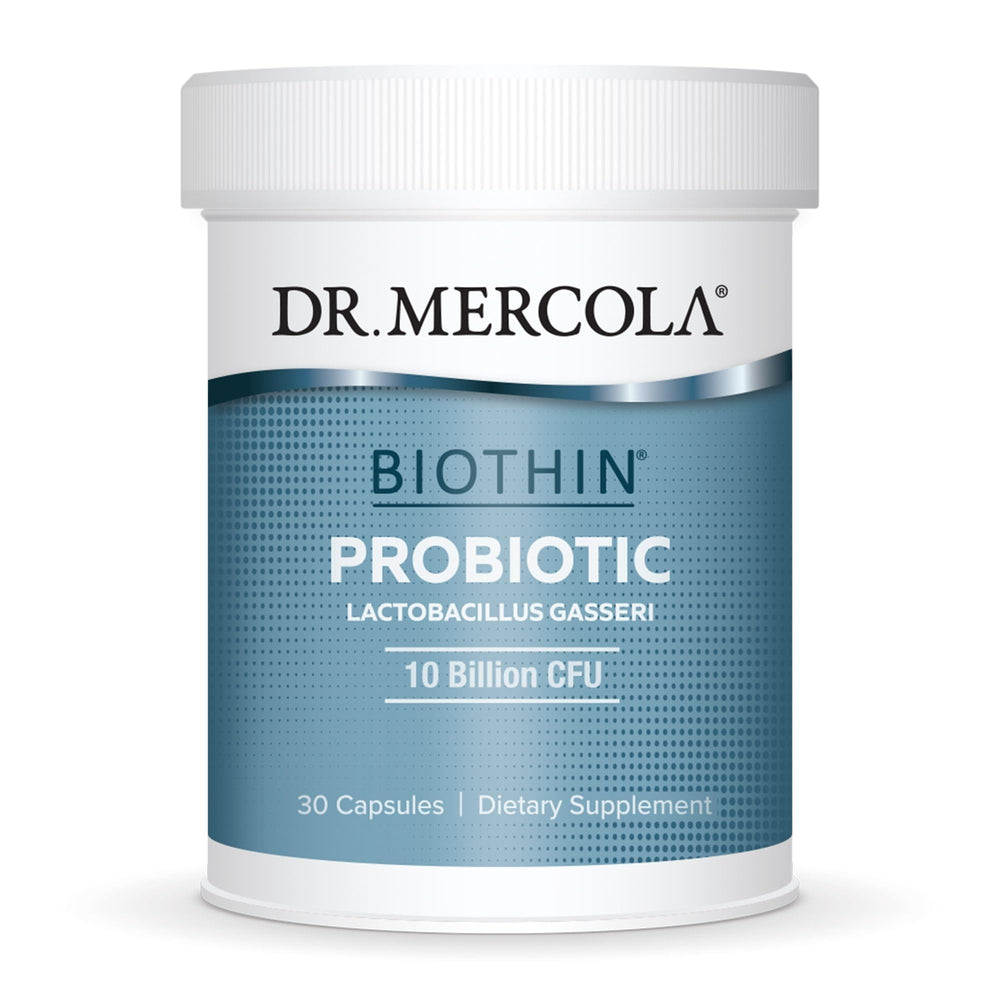 Dr. Mercola Biothin Probiotic bottle on a shelf supports digestive comfort.
