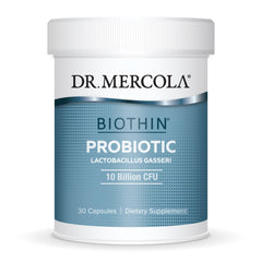 Dr. Mercola Biothin Probiotic bottle on a shelf supports digestive comfort.