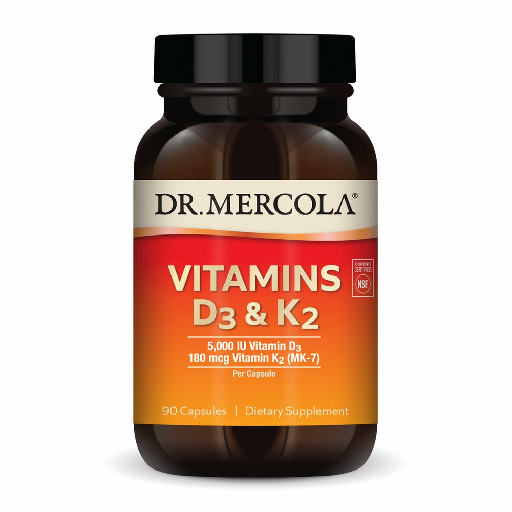 Dr. Mercola D3 & K2 bottle label highlighting gluten-free, non-GMO formula.
