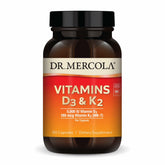 Dr. Mercola D3 & K2 bottle label highlighting gluten-free, non-GMO formula.