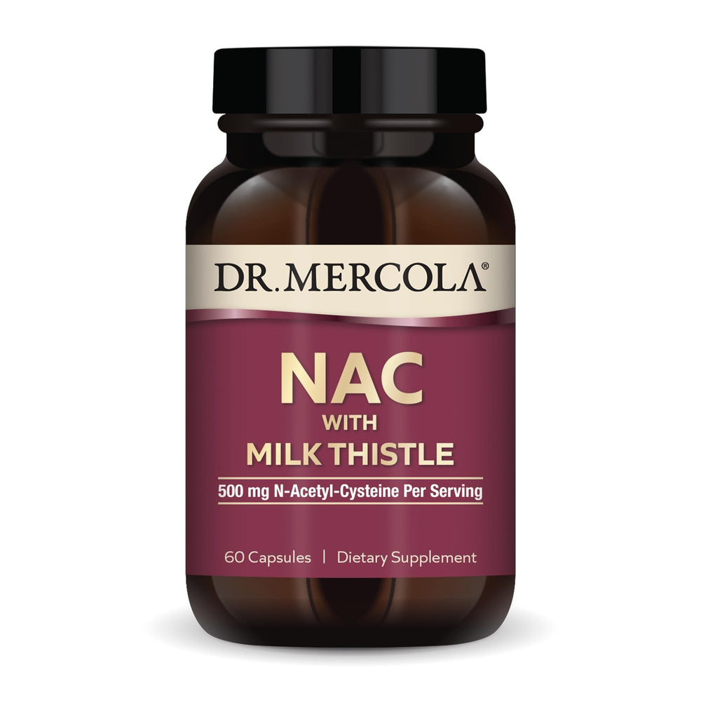 Dr. Mercola NAC Milk Thistle bottle with label supports detox and antioxidant support.
