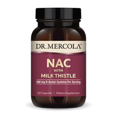 Dr. Mercola NAC Milk Thistle bottle with label supports detox and antioxidant support.
