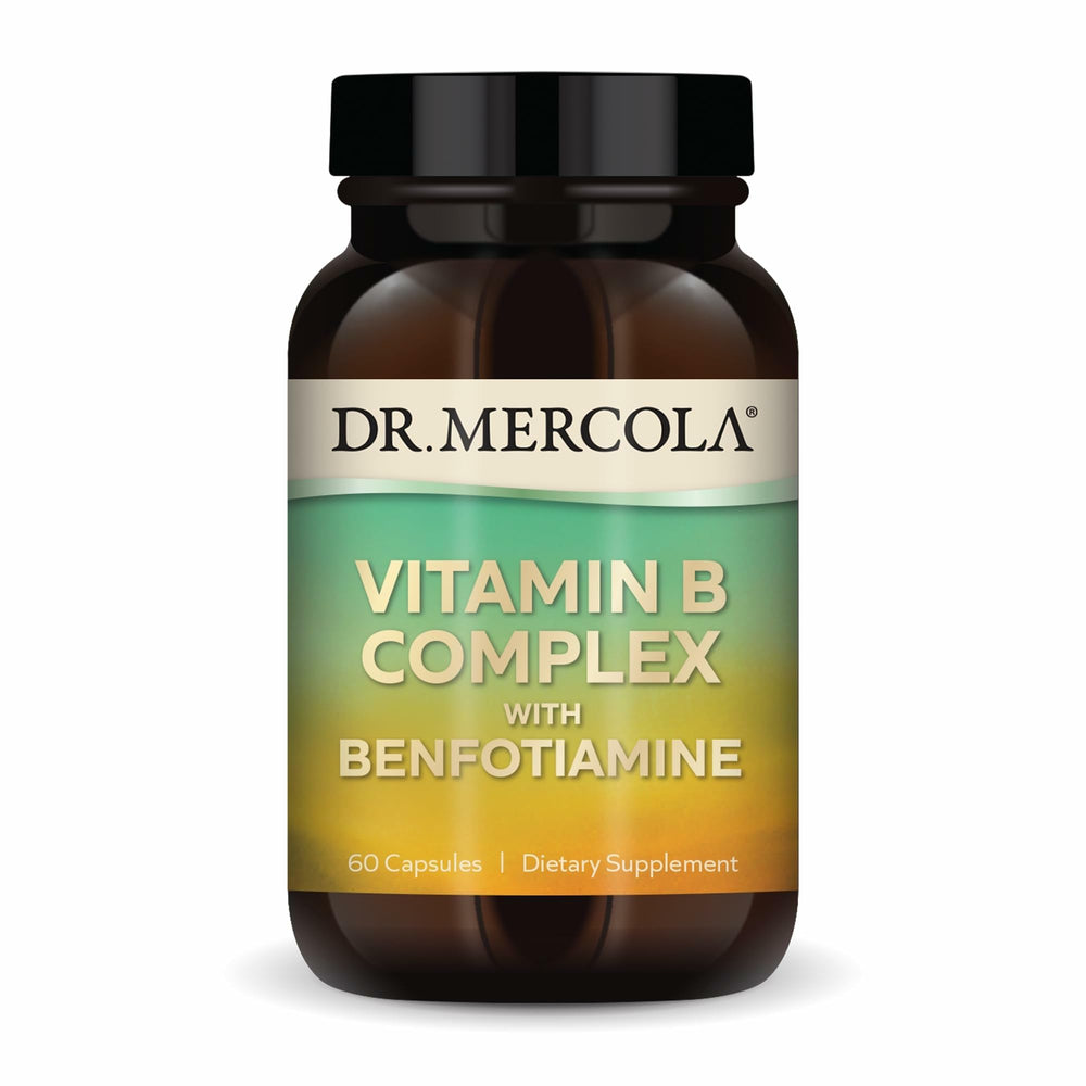 Dr. Mercola Vitamin B Complex bottle with Benfotiamine, supports energy metabolism.