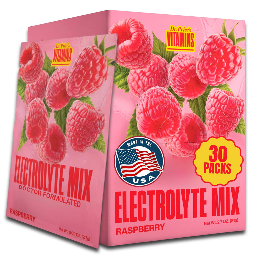Dr. Price's Raspberry electrolytes packets front view for on-the-go hydration