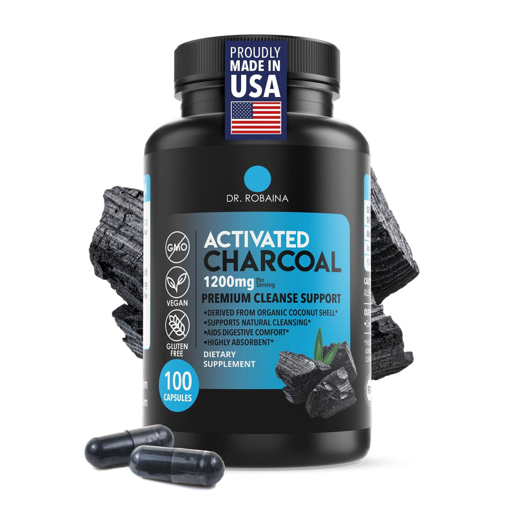 Dr. Robaina activated charcoal capsules bottle for easy digestion support