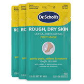 Dr. Scholl's foot peel mask packaging showing three pairs for home care.