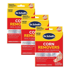 Dr. Scholl's Corn Removers Seal & Heal Bandage Pack showing quick corn relief and cushioning.