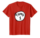 Dr. Seuss Thing 1 emblem youth tee in red with bold badge for school spirit and daily wear.