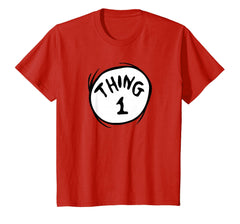 Dr. Seuss Thing 1 emblem youth tee in red with bold badge for school spirit and daily wear.