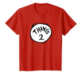 Dr. Seuss Thing 2 emblem youth t-shirt, front view, red badge design for school events.