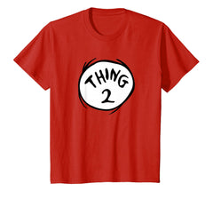 Dr. Seuss Thing 2 emblem youth t-shirt, front view, red badge design for school events.
