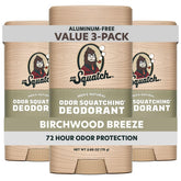 Dr. Squatch Birchwood Breeze packaging highlighting aluminum-free formula for all-day freshness.