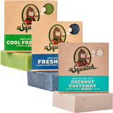 Dr. Squatch Coconut Castaway bar with tropical scent and rich lather for daily cleansing.